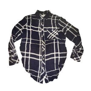 Rails x Free People Button Front Women's Sz S Top Navy Vanilla Plaid Linen Blend